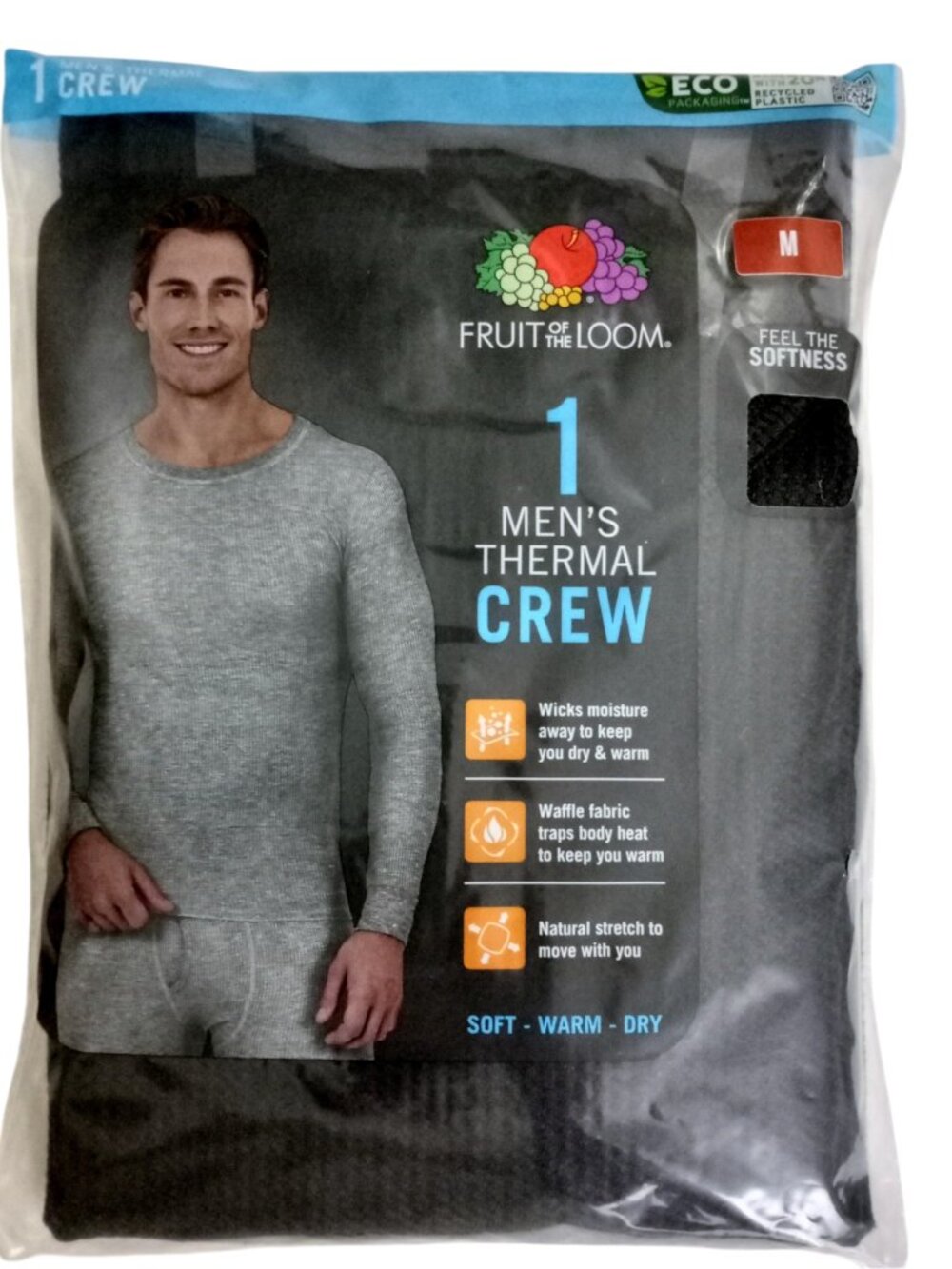 NEW Fruit of the Loom Mens M Black Waffle Thermal Crew Base Layer Top